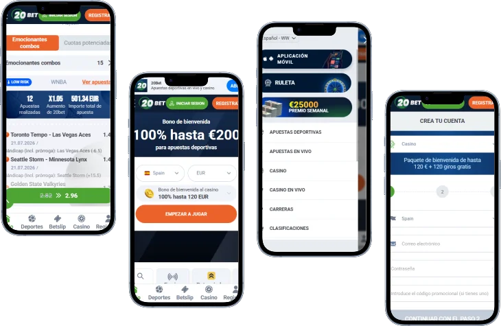 20Bet Casino App Móvil y Funciones 20Bet Casino aplicación móvil con apuestas deportivas, casino y registro en diferentes pantallas