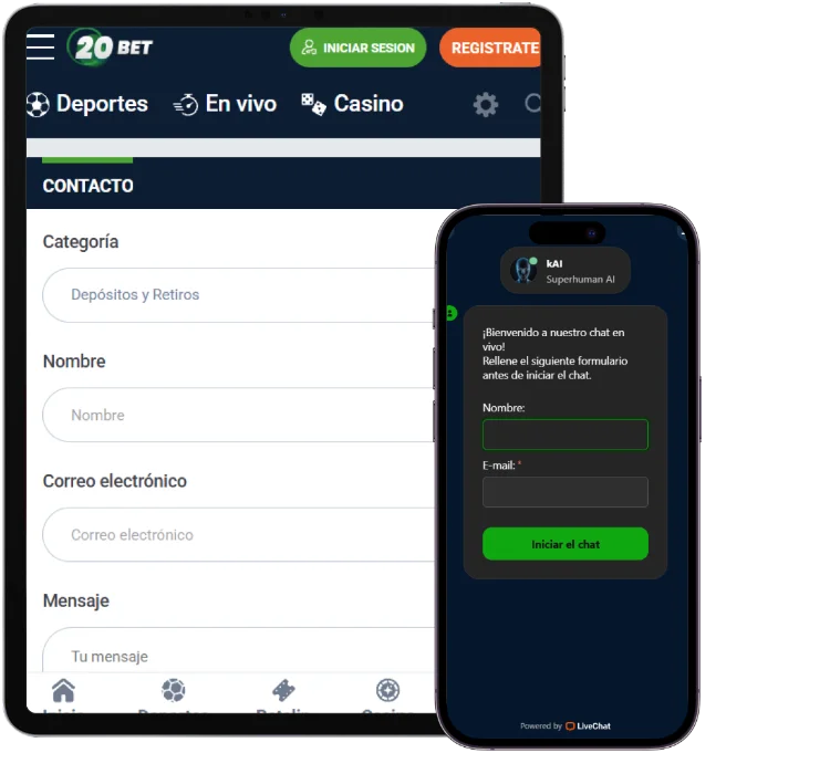 20Bet Casino Soporte en la App Móvil 20Bet Casino soporte al cliente con formulario de contacto y chat en vivo en la app móvil